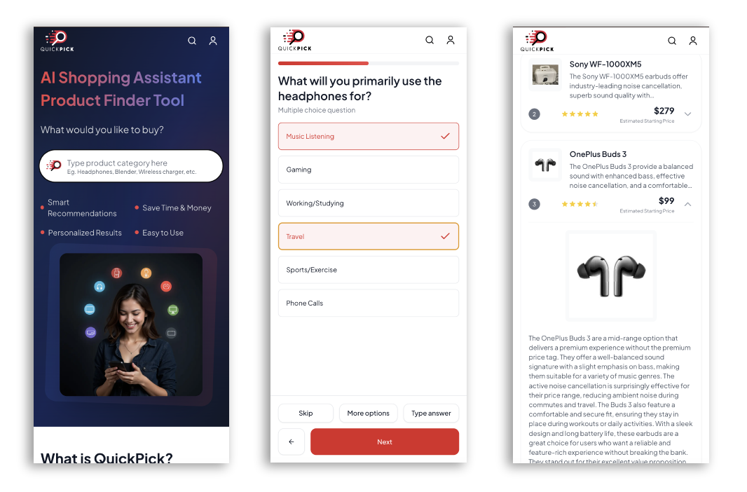 QuickPick.ai - Product finder tool screenshot